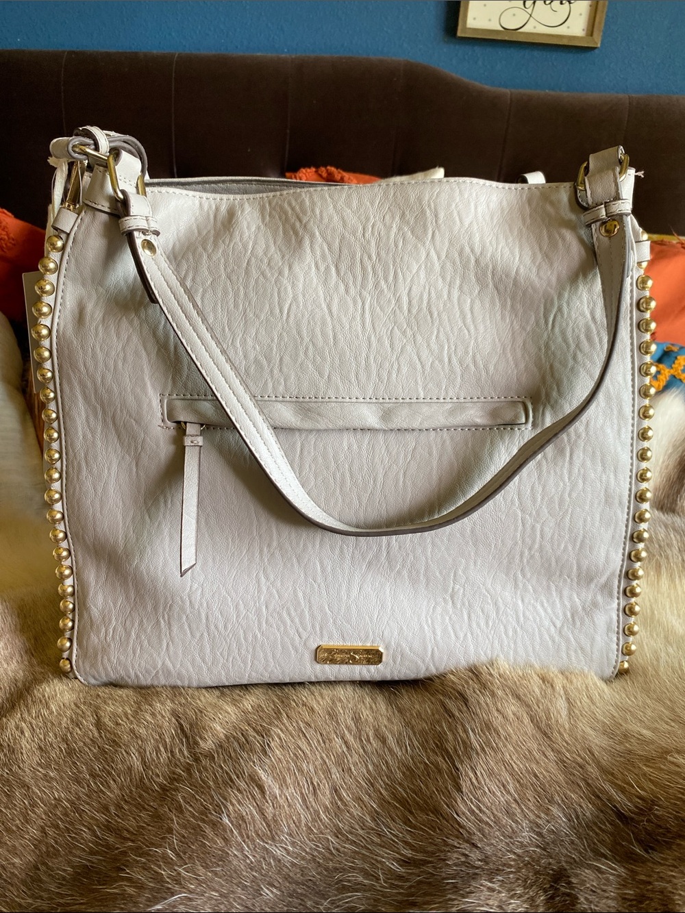 Jessica Simpson Gray with Gold Stud-Trim Shoulder Bag